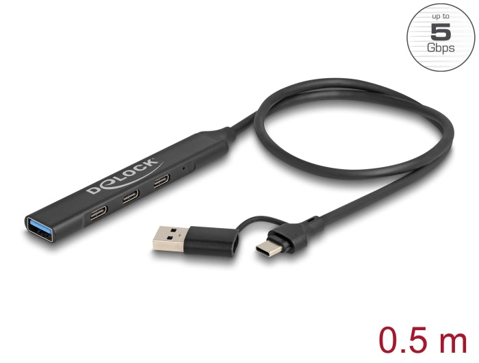Delock 4 Port Slim USB Hub mit USB Type-C™ oder USB Typ-A zu 3 x USB 5 Gbps USB Type-C™ + 1 x USB 5 Gbps Typ-A