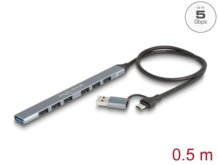 Delock 7 Port Slim USB Hub mit USB Type-C™ oder USB Typ-A zu 1 x USB 5 Gbps Typ-A + 6 x USB 2.0 Typ-A