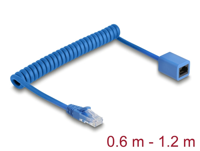 Delock RJ45 Spiralkabel Stecker zu Buchse Cat.6 UTP 0,6 m bis 1,2 m blau