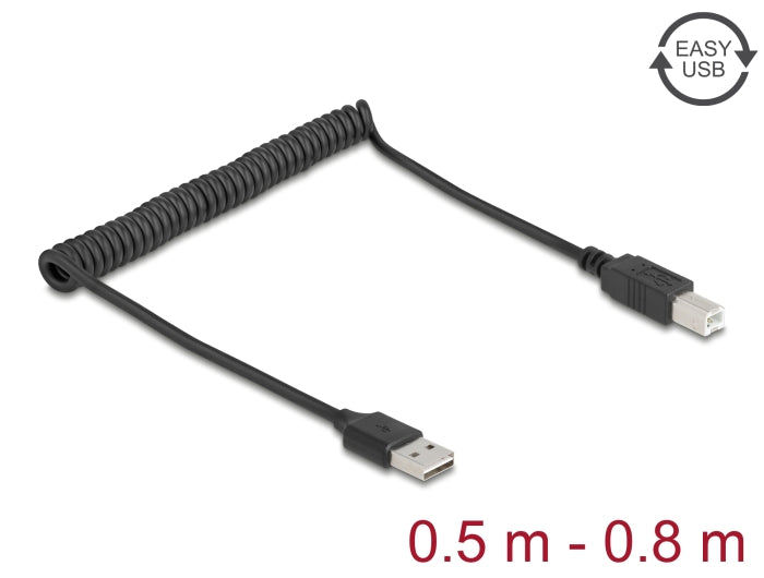 Delock Spiralkabel EASY-USB 2.0 Typ-A Stecker zu USB Typ-B Stecker 0,5 m bis 0,8 m schwarz