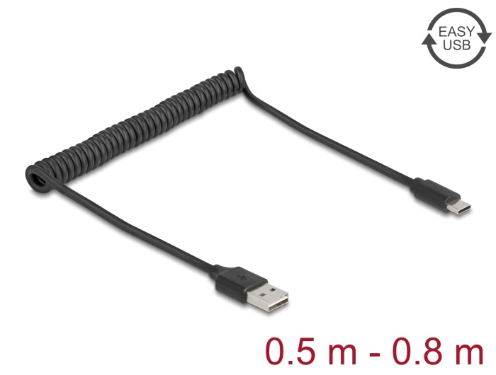 Delock Spiralkabel EASY-USB 2.0 Typ-A Stecker zu USB Type-C™ Stecker 0,5 m bis 0,8 m schwarz