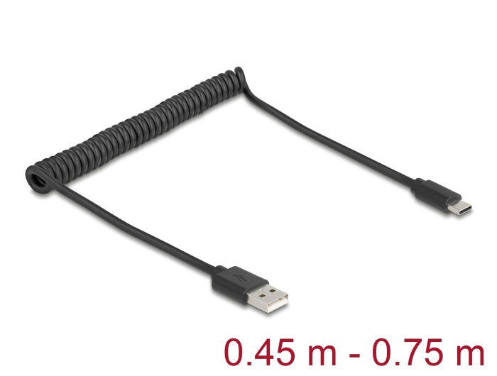 Delock USB 2.0 Spiralkabel USB Typ-A Stecker zu USB Type-C™ Stecker 0,45 m bis 0,75 m schwarz