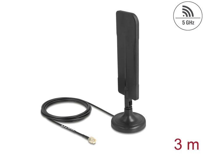 Delock WiFi 5,8 GHz Antenne RP-SMA Stecker 3 dBi omnidirektional mit Anschlusskabel RG-174 3 m mit Kippgelenk mit magnetischem Standfuß schwarz