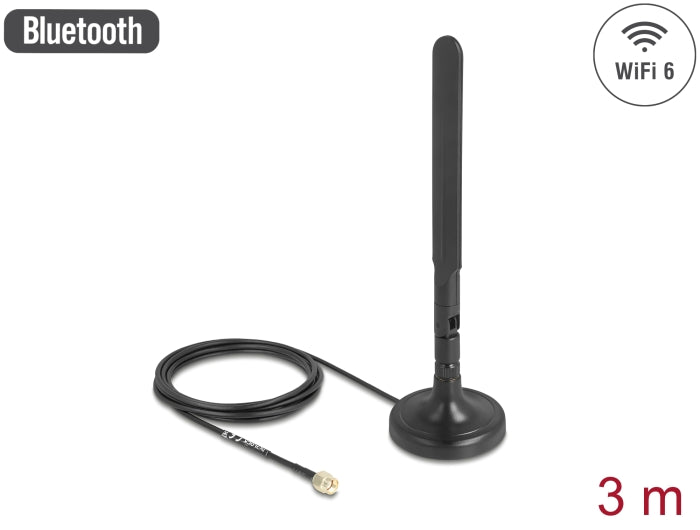 Delock WiFi 6 Antenne RP-SMA Stecker 3 dBi omnidirektional mit Anschlusskabel RG-174 3 m mit Kippgelenk mit magnetischem Standfuß schwarz