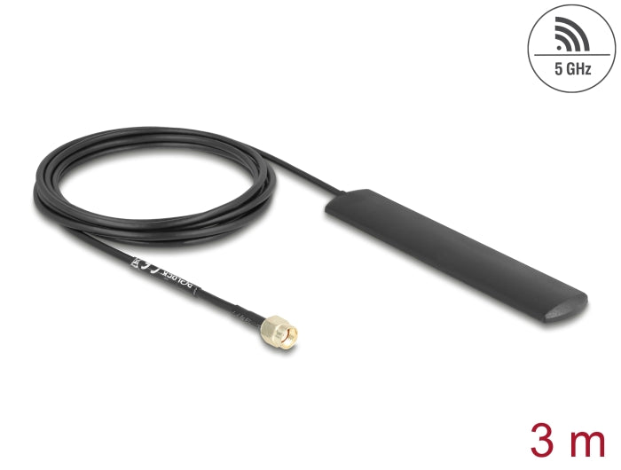 Delock WiFi 5,8 GHz Antenne RP-SMA Stecker 3 dBi omnidirektional mit Anschlusskabel RG-174 3 m schwarz Klebemontage