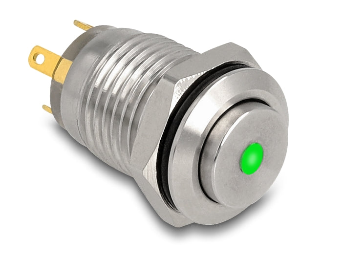 Delock Drucktaster zum Einbau 12 mm 4 x Lötanschluss LED grüner Punkt tastend