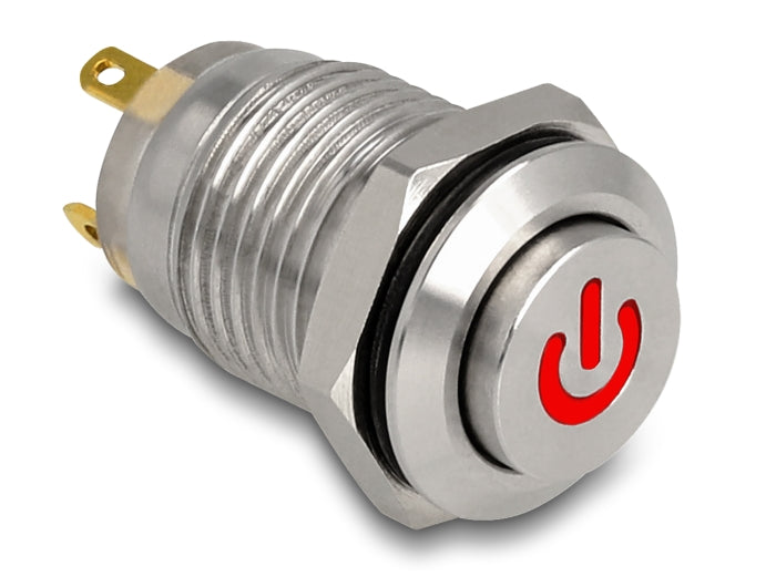 Delock Drucktaster zum Einbau 12 mm 4 x Lötanschluss LED rot Powersymbol tastend