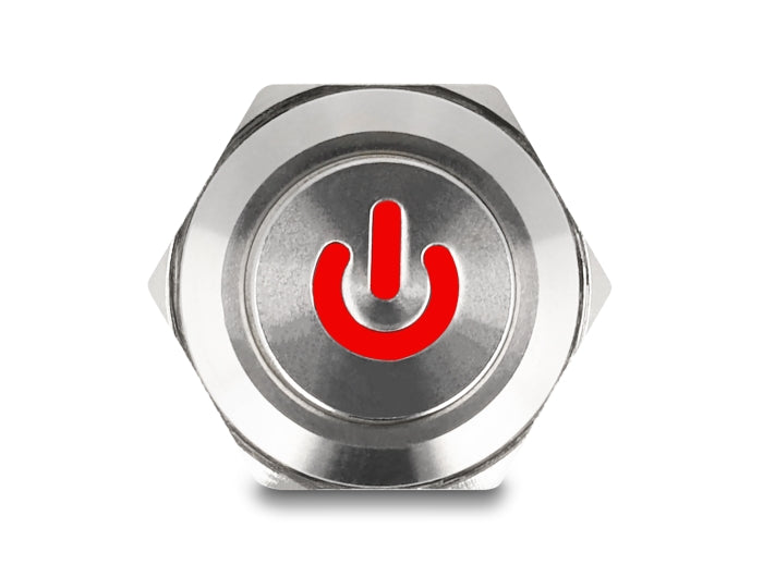 Delock Drucktaster zum Einbau 12 mm 4 x Lötanschluss LED rot Powersymbol tastend