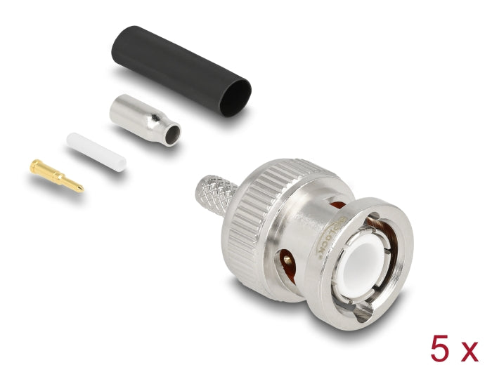 Delock BNC Stecker 50 Ohm zum Crimpen RG-174 / RG-316 mit passendem Schrumpfschlauch - 5 Stück