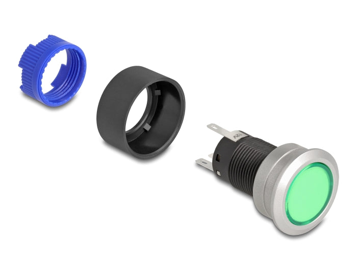 Delock Drucktaster zum Einbau 22 mm 5 x Lötanschluss Taster flach Kunststoff LED grün