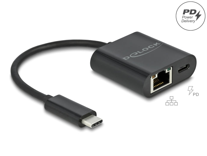 Delock USB Type-C™ Adapter zu Gigabit LAN 10/100/1000 Mbps mit Power Delivery Anschluss schwarz
