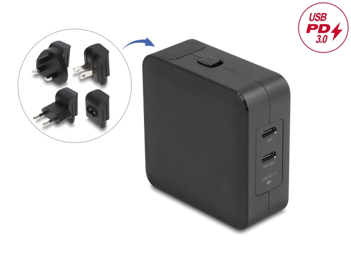Delock USB GaN Ladegerät 2 x USB Type-C™ PD 3.0 mit 65 W inklusive Strom-Adapter für EU / US / UK