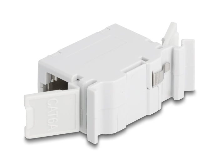 Delock RJ45 Kupplung Cat.6A Buchse zu Buchse mit Staubschutzklappe für Hutschienen Montage grau