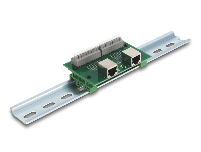 Delock RJ45 2 x Buchse zu 2 x Terminalblock mit Drucktaster für Hutschiene