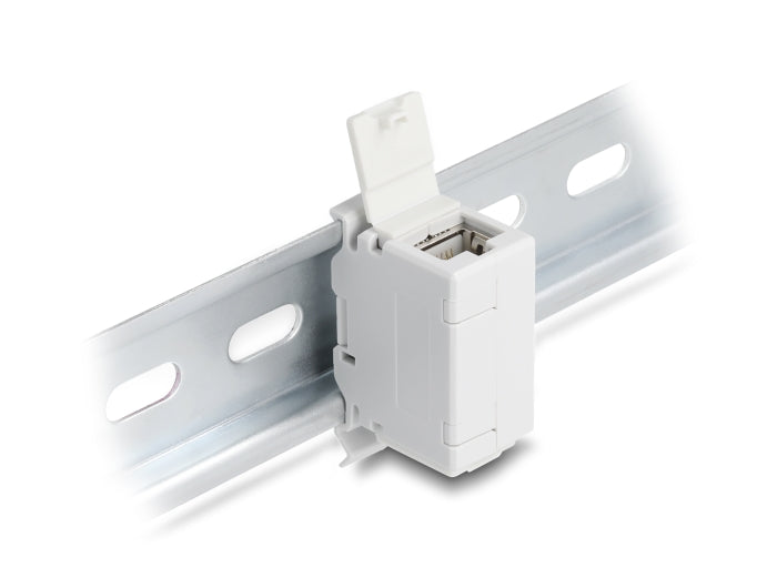 Delock RJ45 Kupplung Cat.6A Buchse zu Buchse mit Staubschutzklappe für Hutschienen Montage grau