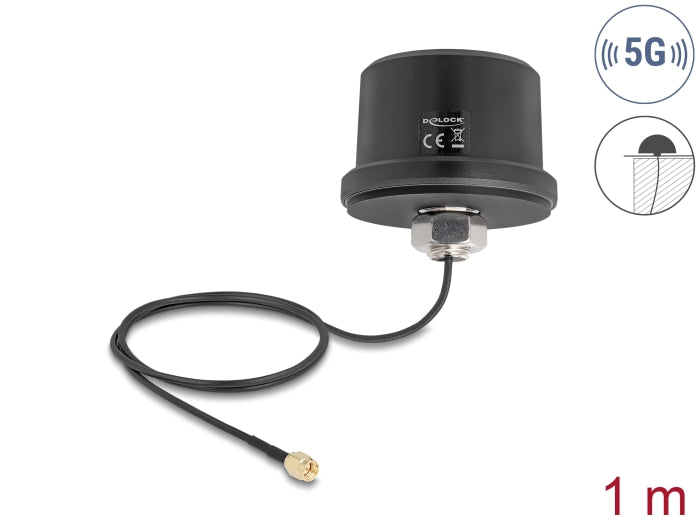 Delock 5G LTE GNSS WiFi 6 Antenne SMA Stecker 1,9 - 3,3 dBi omnidirektional mit Anschlusskabel ULA100 1 m Dachmontage outdoor schwarz