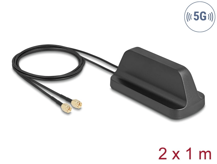 Delock 5G LTE GNSS WiFi 6 MIMO Antenne 2 x SMA Stecker 2,1 - 3,0 dBi omnidirektional mit magnetischem Standfuß und Anschlusskabel ULA100 1 m outdoor schwarz