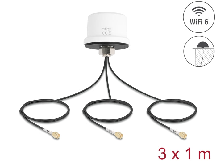 Delock 4G MIMO Dualband WiFi 6 Antenne 2 x SMA + 1 x RP-SMA Stecker ULA100 1 m Schraubmontage outdoor weiß
