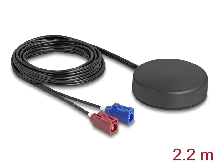 Delock 4G GNSS Antenne 1 x FAKRA C + 1 x FAKRA D Buchse 2 dBi / 28 dB 2,2 m RG-174 omnidirektional Dachmontage schwarz outdoor