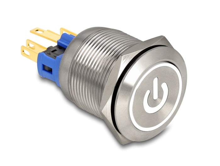 Delock Drucktaster zum Einbau 22 mm 6 x Lötanschluss LED weiß tastend Powersymbol + Ring