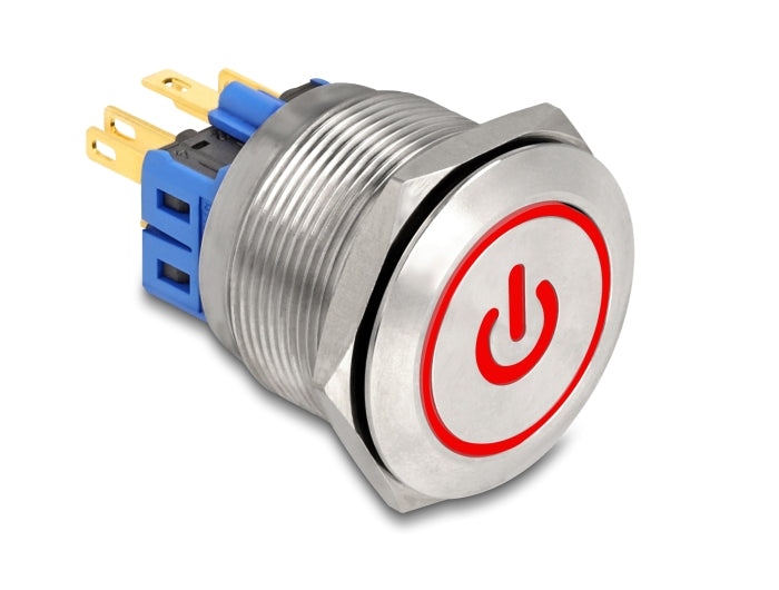 Delock Drucktaster zum Einbau 25 mm 6 x Lötanschluss LED rot tastend Powersymbol + Ring