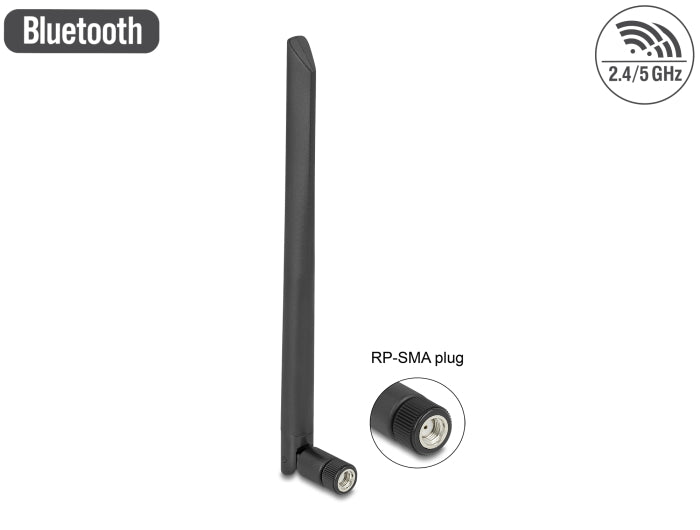 Delock WLAN 802.11 ac/ax/a/b/g/n Antenne RP-SMA Stecker 5 dBi 20 cm omnidirektional mit Kippgelenk flexibel und gummierter Oberfläche schwarz