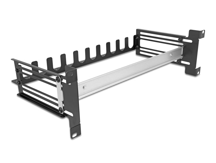 Delock 19″ Schutzschalterleiste mit Abdeckung, Kabelzugentlastungsschiene und tiefenverstellbarer Hutschiene 3 HE Metall schwarz