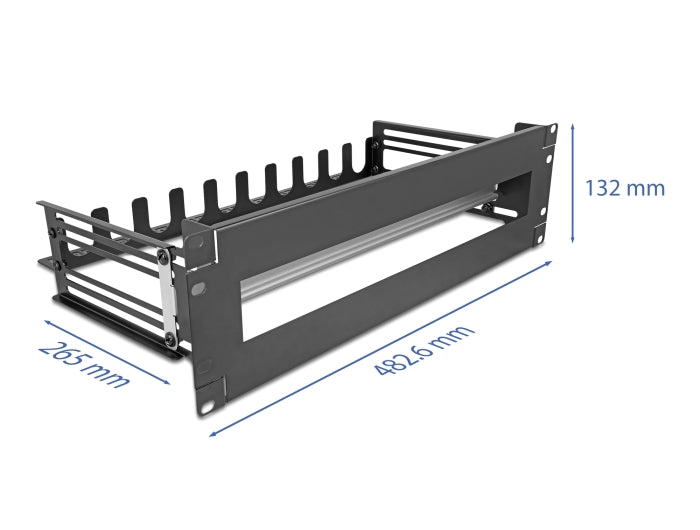 Delock 19″ Schutzschalterleiste mit Abdeckung, Kabelzugentlastungsschiene und tiefenverstellbarer Hutschiene 3 HE Metall schwarz