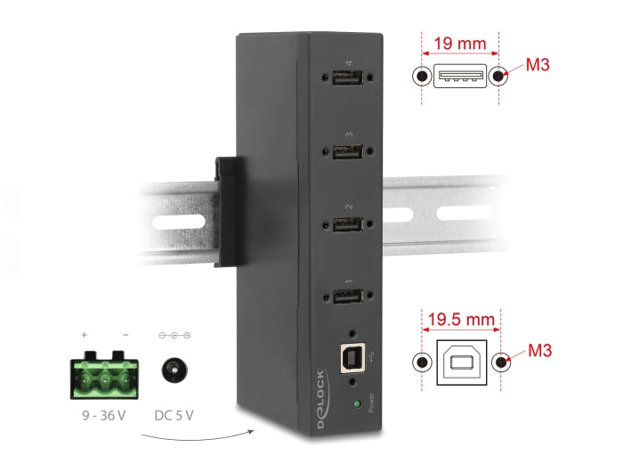 Delock Industrie Hub 4 x USB 2.0 Typ-A mit 15 kV ESD Schutz und Hutschienenbefestigung