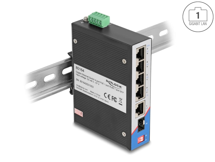Delock Industrie Gigabit Ethernet Switch 4 Port PoE 1 Port RJ45 1 Port SFP für Hutschiene