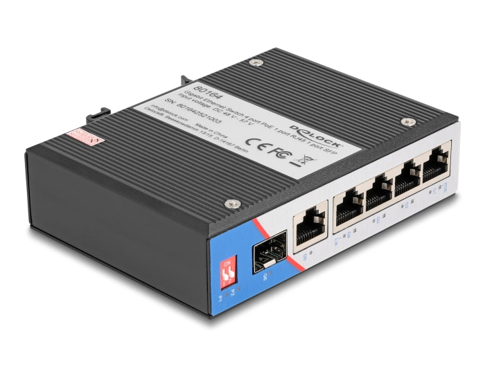 Delock Industrie Gigabit Ethernet Switch 4 Port PoE 1 Port RJ45 1 Port SFP für Hutschiene