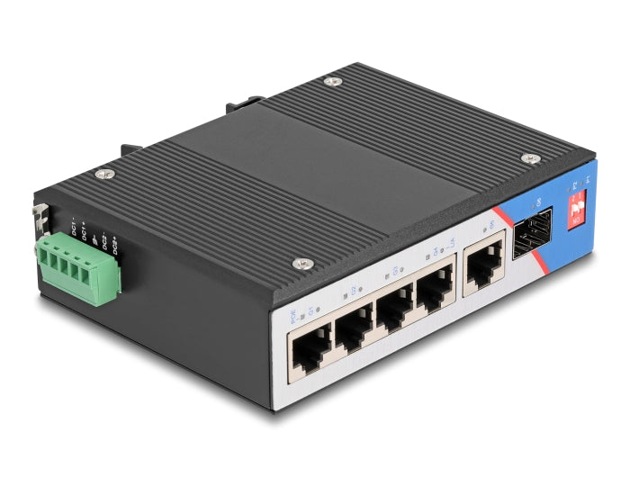 Delock Industrie Gigabit Ethernet Switch 4 Port PoE 1 Port RJ45 1 Port SFP für Hutschiene