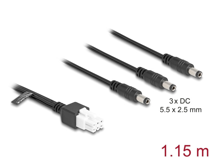 Delock Kabel Mini-Fit 4,2 mm 6 Pin Stecker zu 3 x DC 5,5 x 2,5 mm Stecker schwarz