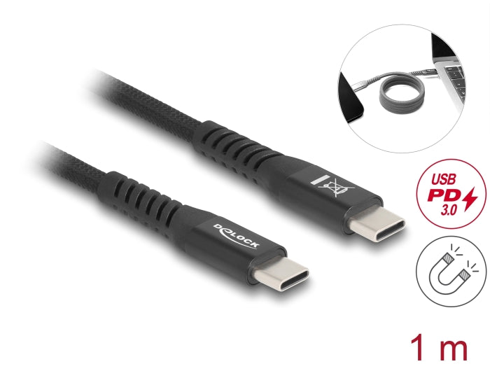 Delock USB 2.0 Kabel USB Type-C™ Stecker zu Stecker mit magnetischer Textilummantelung PD 3.0 60 W 1 m