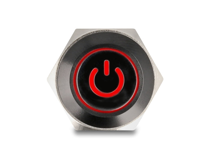 Delock Druckschalter zum Einbau schwarz 16 mm 12 V 5 x Lötanschluss LED rot rastend Powersymbol + Ring