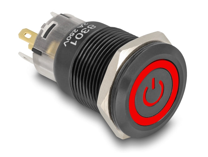 Delock Druckschalter zum Einbau schwarz 19 mm 12 V 5 x Lötanschluss rastend LED rot Powersymbol + Ring