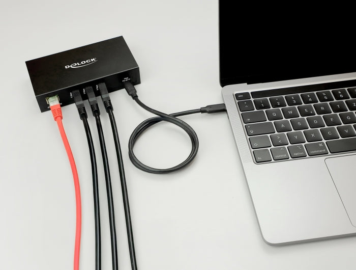 Delock 3 Port USB 5 Gbps Hub + RJ45 Gigabit LAN PoE++ Port mit USB Type-C™ Host-Anschluss im Metallgehäuse und 1,5 kV Isolation