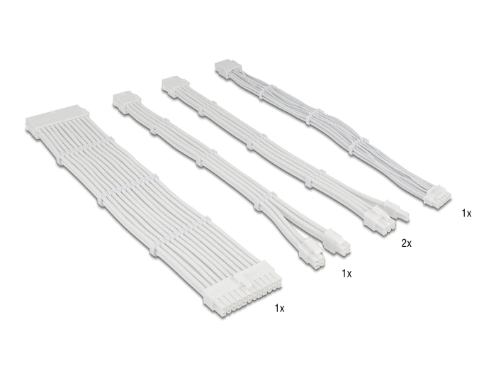 Delock PSU Verlängerungskabel Set 30 cm 5-teilig Sleeved mit Kabelkämmen (1 x 24 Pin ATX, 1 x 12 + 4 Pin 12VHPWR PCIe 5.0, 1 x 4 + 4 Pin EPS, 2 x 6 + 2 Pin PCIe) weiß