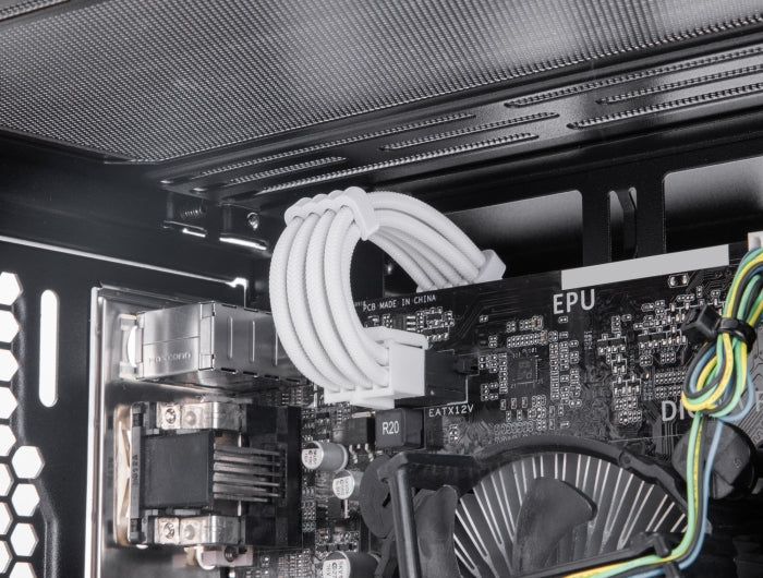 Delock PSU Verlängerungskabel Set 30 cm 5-teilig Sleeved mit Kabelkämmen (1 x 24 Pin ATX, 1 x 12 + 4 Pin 12VHPWR PCIe 5.0, 1 x 4 + 4 Pin EPS, 2 x 6 + 2 Pin PCIe) weiß