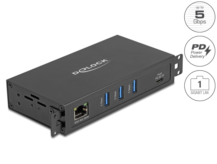 Delock 3 Port USB 5 Gbps Hub + RJ45 Gigabit LAN PoE++ Port mit USB Type-C™ Host-Anschluss im Metallgehäuse und 1,5 kV Isolation