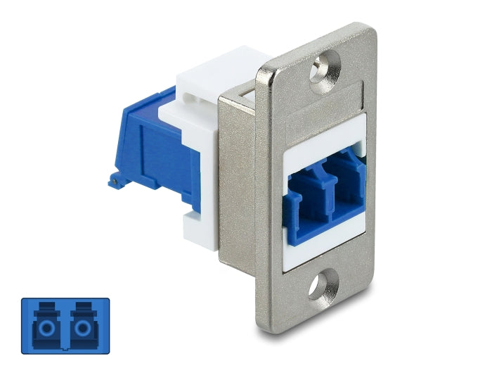 Delock Panel Mount LC Duplex Buchse zu LC Duplex Buchse mit Laserschutzklappe innen silber / blau / weiß