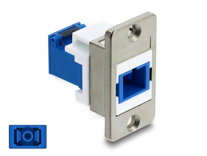Delock Panel Mount SC Simplex Buchse zu SC Simplex Buchse mit Laserschutzklappe innen silber / blau / weiß