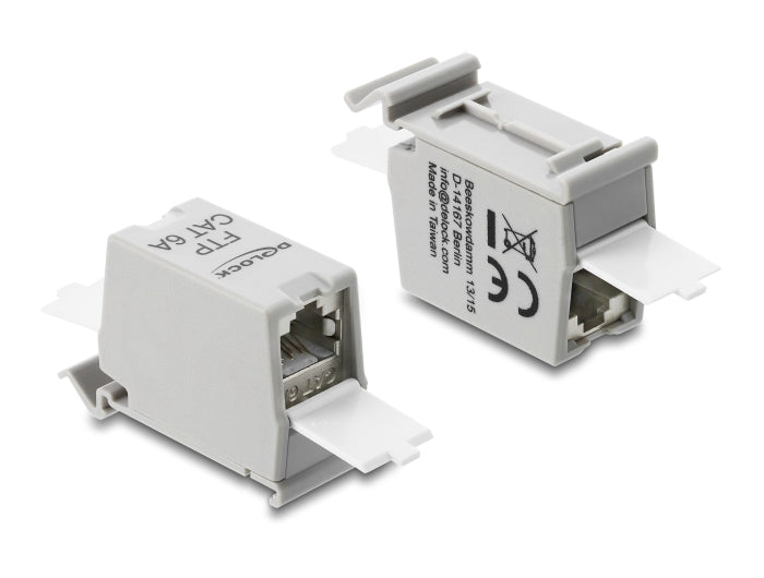 Delock RJ45 Kupplung Cat.6A Buchse zu Buchse mit Staubschutzklappe für Hutschienen Montage geschirmt grau / weiß
