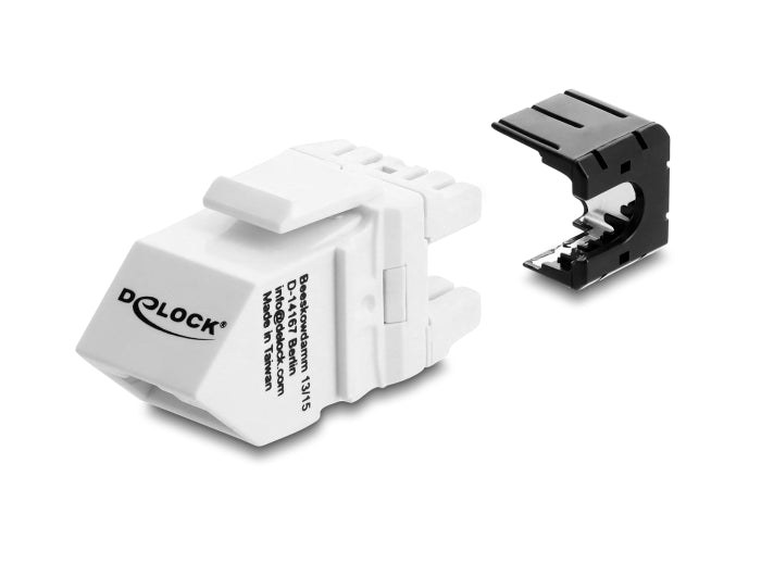 Delock Keystone Modul RJ45 Buchse zu LSA Cat.6A 45° gewinkelte Buchse ungeschirmt 180° Kabelführung werkzeugfrei schwarz / weiß