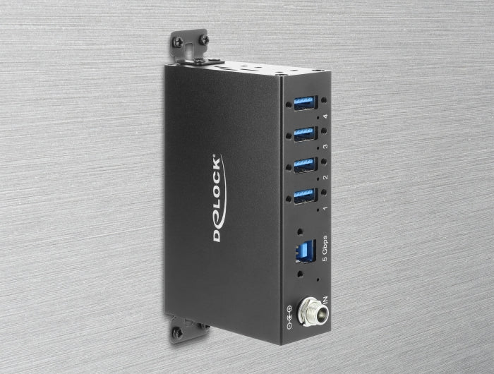 Delock Industrie Hub 4 x USB 5 Gbps Typ-A mit 8 kV ESD Schutz und Hutschienenbefestigung