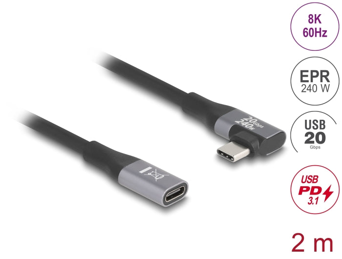 Delock USB 20 Gbps Verlängerungskabel gewinkelt links / rechts USB PD 3.1 Extended Power Range 240 W 2 m