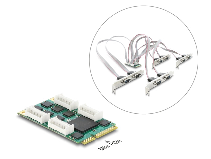 Delock Mini PCIe I/O full size Karte zu 8 x Seriell RS-232 DB9 mit Standard und Low Profile Slotblenden