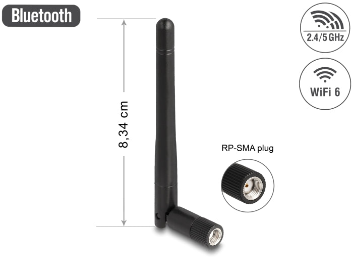 Delock WLAN 802.11 ac/ax/a/b/g/n Antenne RP-SMA Stecker 2 dBi omnidirektional mit Kippgelenk schwarz