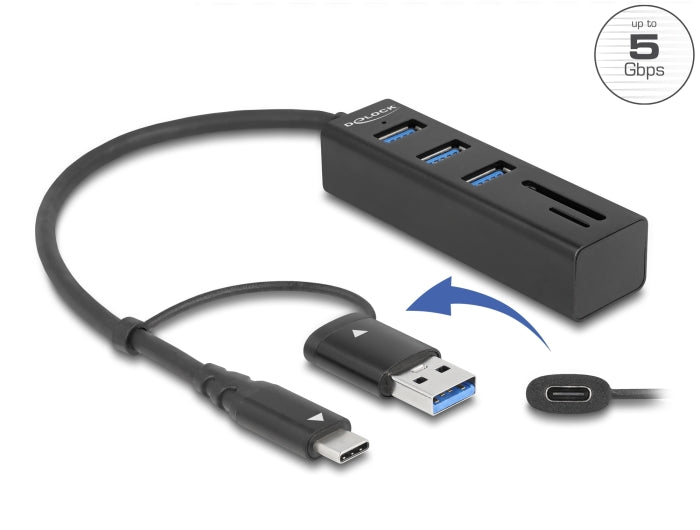 Delock 3 Port USB 5 Gbps Hub + SD und Micro SD Card Reader mit USB Type-C™ oder USB Typ-A Anschluss