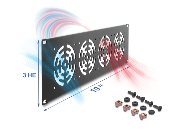 Delock 19″ 3 HE Rackblende für 4 Lüfter 92 x 92 mm dunkelgrau
